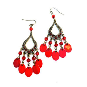 Boho Fashion Pierced Earrings Antiqued Goldtone Red Beaded Dangle Hoops Festival